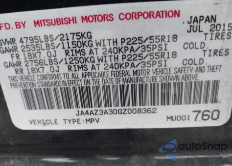 2016 Mitsubishi Outlander Se from USA, damaged, VIN JA4AZ3A30GZ008362